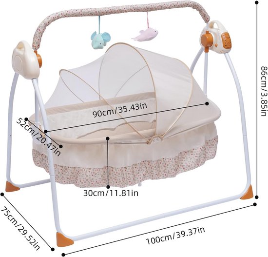 Gedetailleerde afmetingen van de elektrische babywieg met schommelfunctie. De wieg heeft een klamboe en speelgoedmobiel.