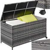 tectake® Wicker opbergbox - Outdoor kussenbox - Uitneembare binnenzak - Weerbestendig en afsluitbaar met deksel - Verrijdbaar - Inclusief 2 handgrepen, 2 wielen met rem en gasveren - Inhoud 297 l - Afmeting (LxBxH) 117 x 54 x 64 cm - Grijs