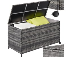 tectake® Wicker opbergbox - Outdoor kussenbox - Uitneembare binnenzak - Weerbestendig en afsluitbaar met deksel - Verrijdbaar - Inclusief 2 handgrepen, 2 wielen met rem en gasveren - Inhoud 297 l - Afmeting (LxBxH) 117 x 54 x 64 cm - Grijs