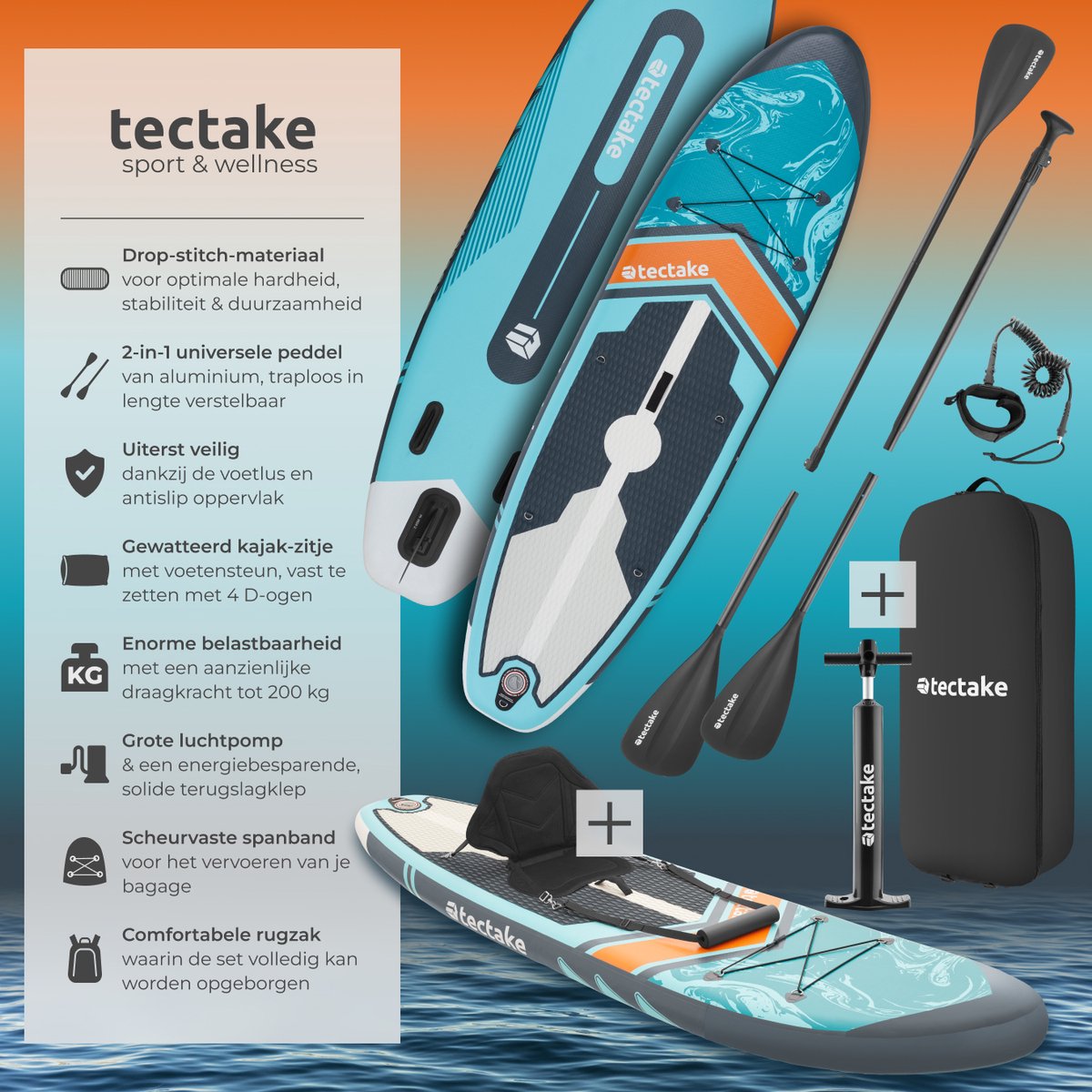 tectake® Stand-Up Paddle Board - 2-in-1 SUP Plank - Opblaasbaar - Stabiel - 288 x 77 x 22,5 cm - Ook als Kajak - Max 200kg - Oranje Turqoois - Complete SUP set met Zitje – foto 7