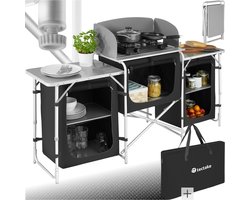 tectake® - Campingkeuken 172x52x104cm met 5 vakken - Opvouwbaar - Afsluitbare compartimenten - Stevige werkbladen - Incl. windscherm- zwart