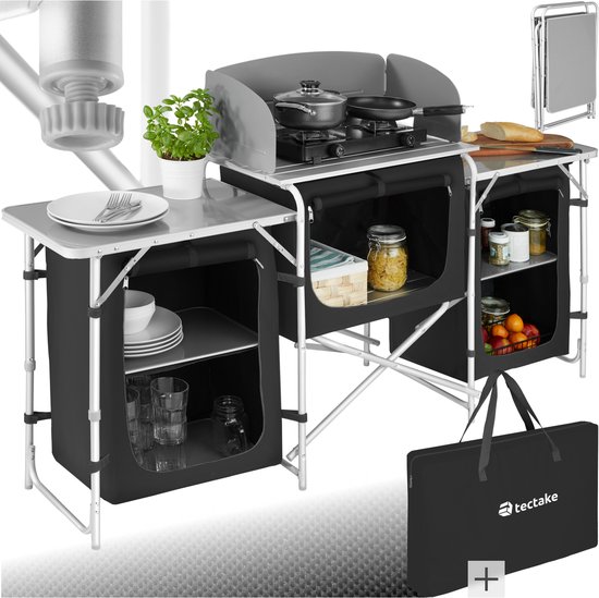 tectake® – Campingkeuken 172x52x104cm met 5 vakken – Opvouwbaar – Afsluitbare compartimenten – Stevige werkbladen – Incl. windscherm- zwart
