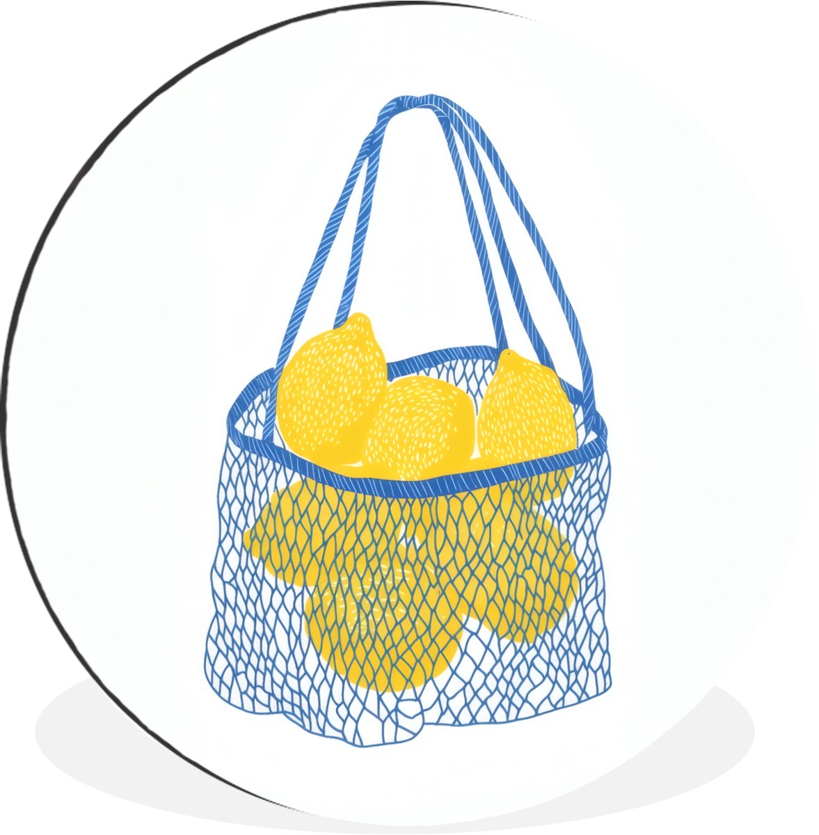 WallCircle Wandcirkel - Muurcirkel - Tas - Blauw - Citroenen - Illustratie - Aluminium - Dibond - 90x90 cm - Binnen en Buiten Tas - Citroenen