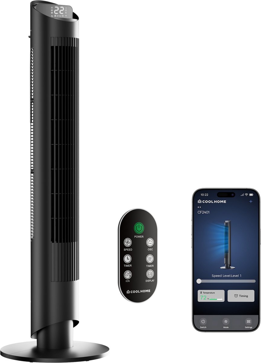 CoolHome Airflow Pro – Torenventilator met Afstandsbediening – Waaier met Ionisator – 102 cm – Dimbaar LED-scherm – 6 Snelheden – Zwart