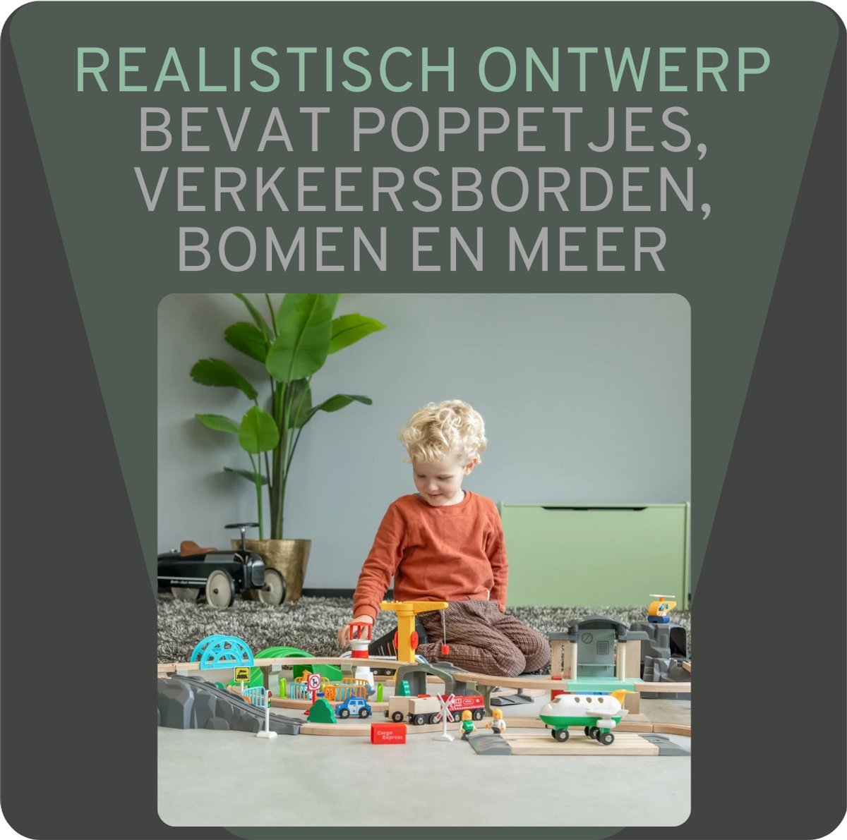 Bandits & Angels Houten Treinset Transport Thema 100 delig vanaf 3 jaar voor Jongens en Meisjes - Trein Set van Hout inclusief Accessoires - 100 delen - Houten Treinbaan met Trein, Hijskraan, Vliegtuig, Helikopter — afbeelding 14