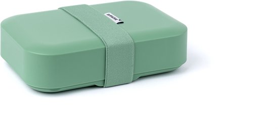 Boîte à pain vert pâle refermable avec une bande élastique verte.