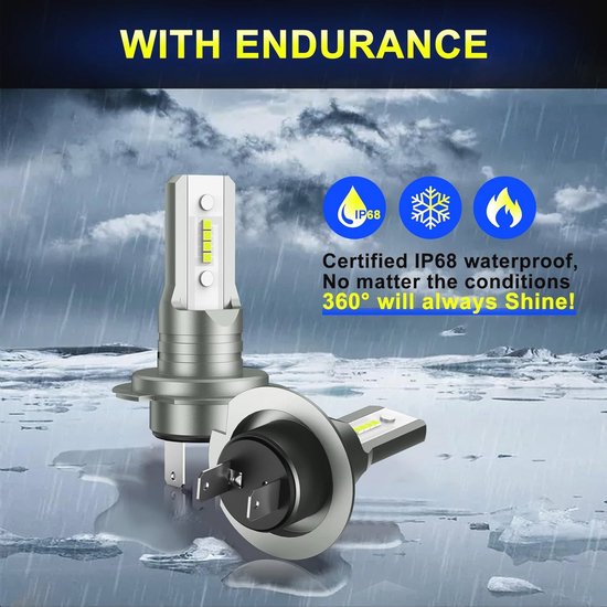 Twee H7 LED-koplampen met "WITH ENDURANCE"-tekst, IP68 waterdicht, bestand tegen alle omstandigheden.