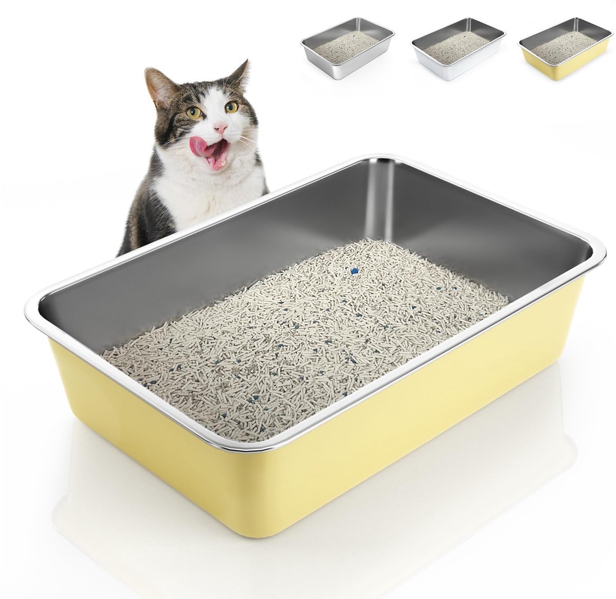 Ibenzoa® Grote Gele Roestvrijstalen Kattenbak voor Huisdieren met Antislip en Gemakkelijk Schoon te Maken Ontwerp