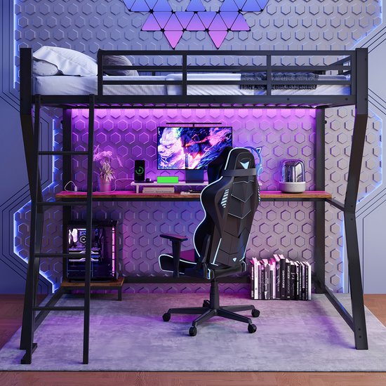 Gutent Hoogslaper(Geen stoelen)-90*200 cm-Met reling en trap-Bureau met USB en Gutent Hoogslaper(Geen stoelen)-90*200 cm-Met reling en trap-Bureau met USB en