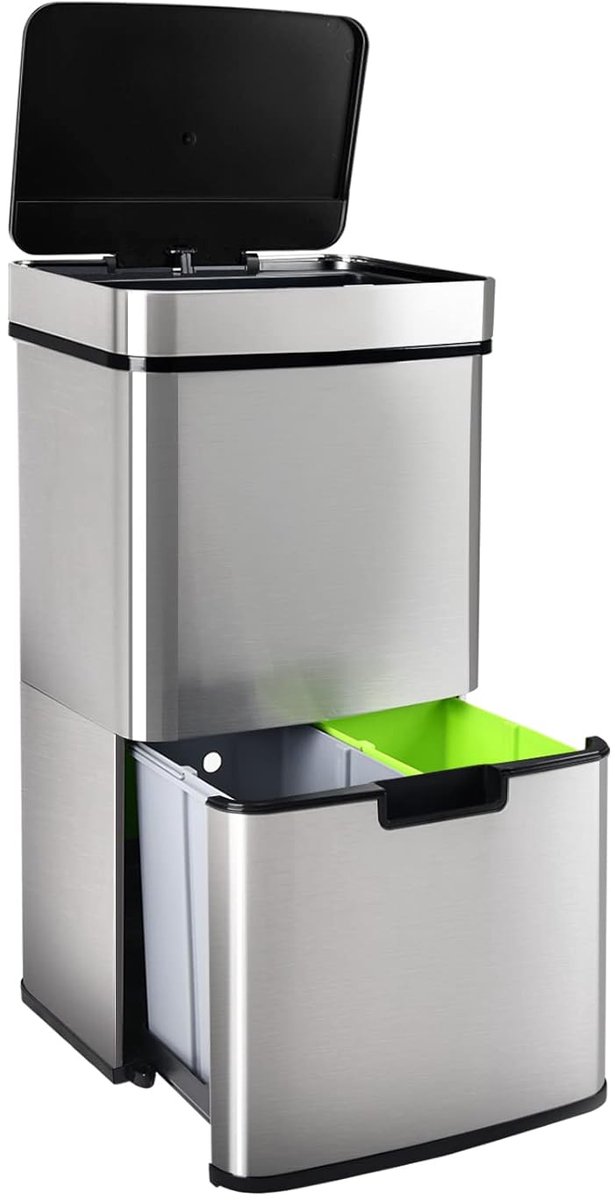 62 Liter Automatische Prullenbak met Sensor 3 Compartimenten Vuilscheidingsysteem met Zachtsluitend Deksel Klemring voor Roestvrijstalen Vuilniszakken - Capaciteit van.