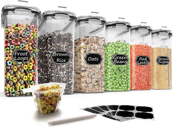 Wildone - Set van 6 luchtdichte containers met 4 liter inhoud en zwart lekvrij deksel voor granen en droge levensmiddelen (suiker, meel enz Wildone - Set van 6 luchtdichte containers met 4 liter inhoud en zwart lekvrij deksel voor granen en droge levensmiddelen (suiker, meel enz
