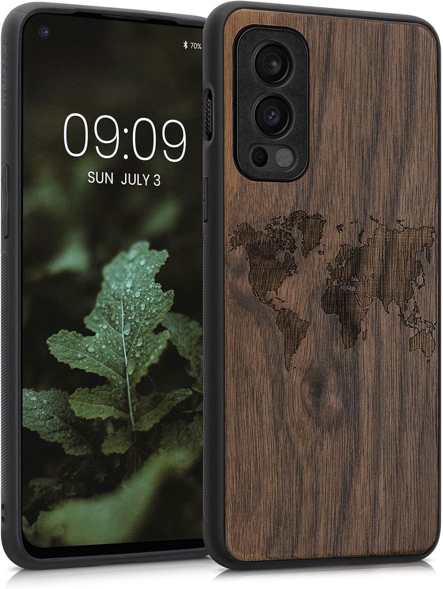 Telefoonhoesje Houten TPU Wereldkaart - Bescherming - Geschikt voor OnePlus Nord 2 5G - 1 stuk - Donkerbruin - Hout/TPU