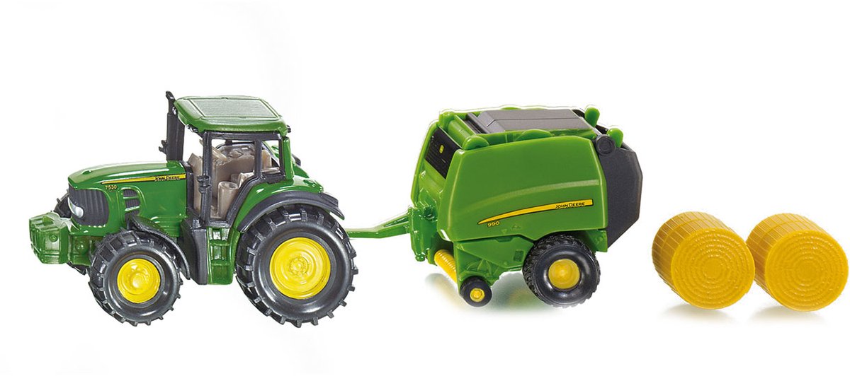 SIKU 1665, John Deere Tractor met Balenpers en 2 hooibalen, metaal/kunststof