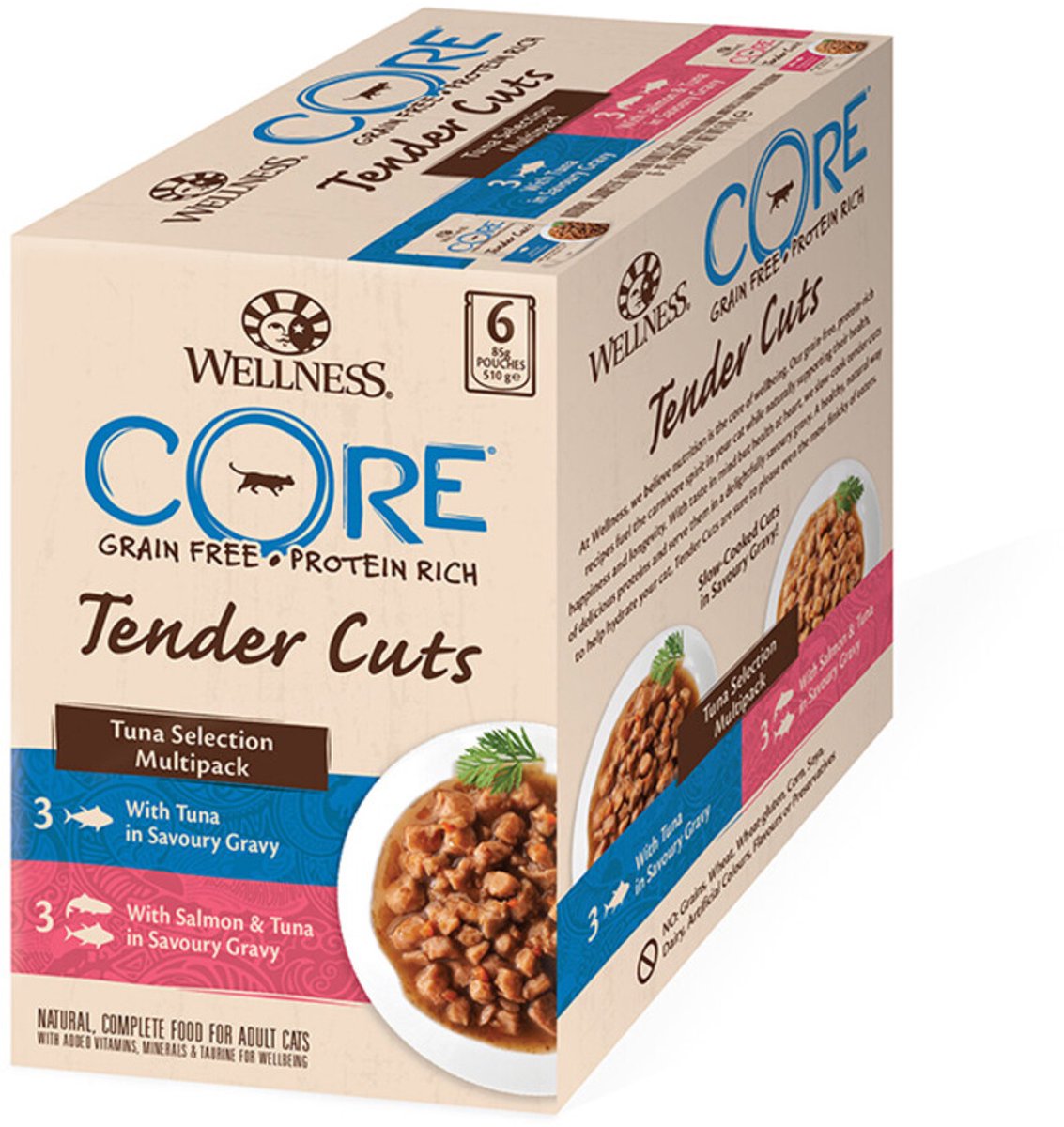 Wellness Core Kattenvoer Tender Cuts Selection 6-pack Tonijn – 8 x 6 x 85 gr – Voordeelverpakking