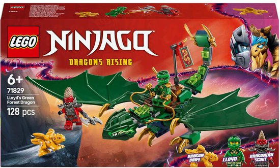 LEGO Ninjago Lloyd's groene bosdraak speelgoeddoos met een groene draak, groene en rode ninjapopper figuren en een gele draak op de voorgrond.