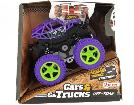 Paarse monstertruck met limegroene velgen, in een 'Cars & Trucks Off-Road' verpakking.