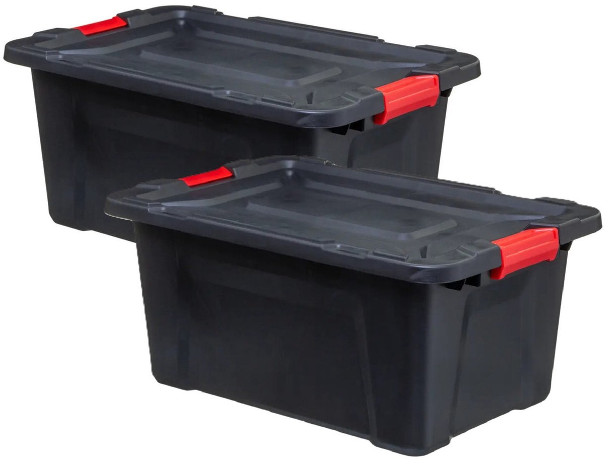 5Five opbergbox/opbergkrat - 2x - 30 Liter - zwart - kunststof - L53 x B36 x H27 cm - stapelbaar - heavy duty opbergbak