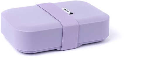 Boîte à lunch violette avec élastique violet et logo.