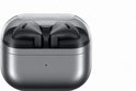Grijze Samsung Galaxy Buds3 oordopjes in een transparant grijs laadstation.
