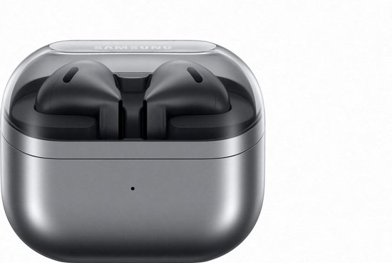 Grijze Samsung Galaxy Buds3 oordopjes in een transparant grijs laadstation.