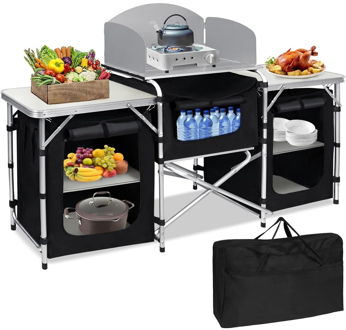 Aufun opvouwbare campingkeuken, kampeerkast met aluminium frame, 5 opbergvakken, met tafelblad en draagtas, outdoor keuken, compacte keukenbox, reiskeuken voor kamperen