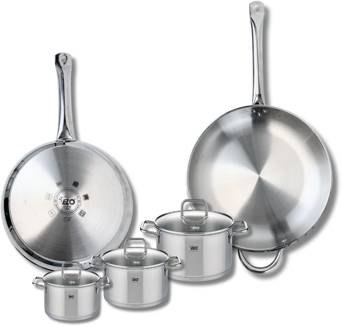Set van 2 Bakpannen 28 en 32 cm en 3 Kookpotten 12, 14 en 16 cm Elo Profi Citrin