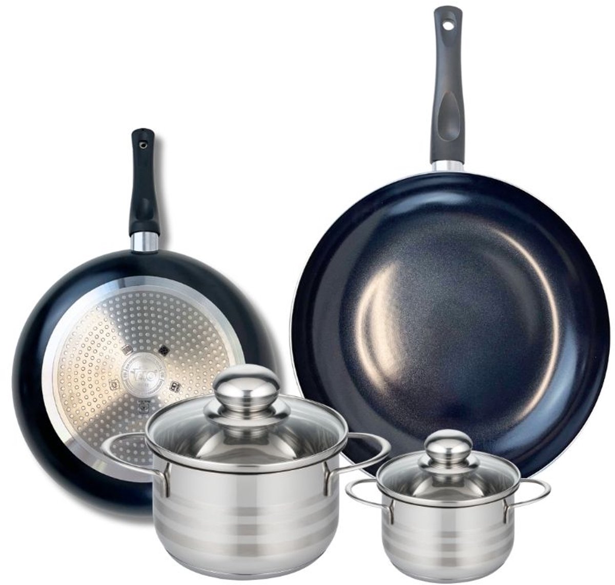 Set van 2 Koekenpannen 24 en 28 cm en 2 Kookpotten 12 en 16 cm Elo Prima Brillant