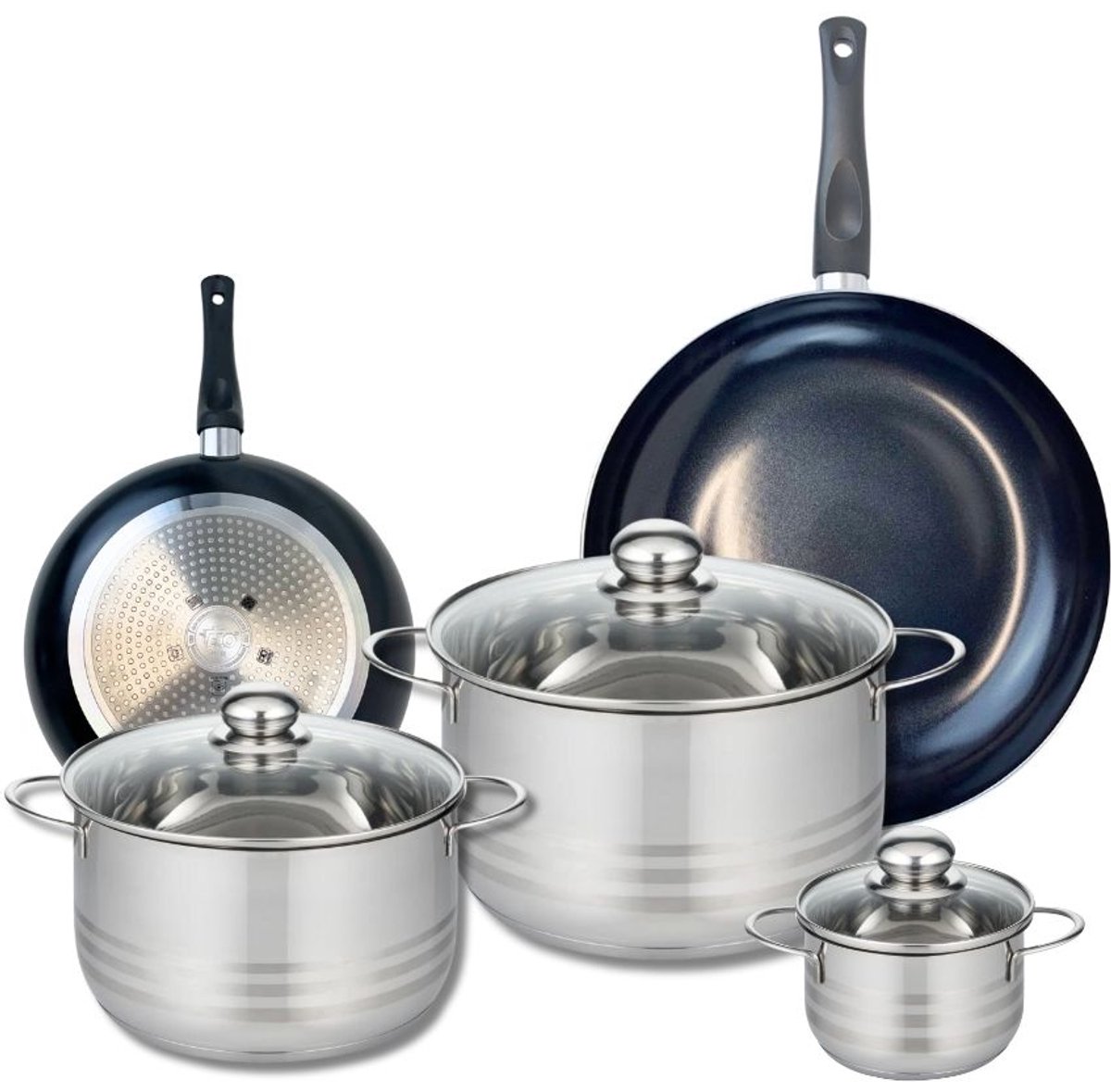 Set van 2 Koekenpannen 20 en 28 cm en 3 kookpotten 12, 20 en 24 cm Elo Prima Glanzend