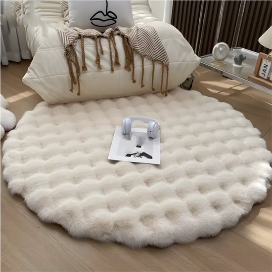Tapis rond PolkaHome® Circle Ø 90 cm - Tapis moderne ultra doux - Moquette moelleuse à poils longs - Tapis antidérapant pour salon, chambre d'enfant et chambre à coucher (beige)
