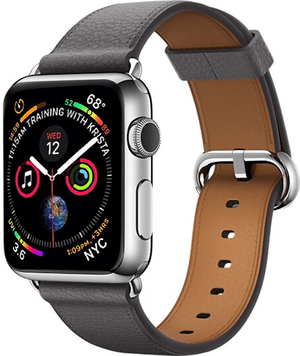 Mobigear Leren Watch bandje geschikt voor Apple Watch Bandje Gespsluiting | Mobigear Roma - 49/46/45/44 mm - Grijs