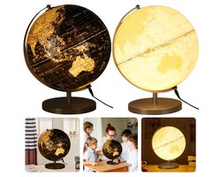 Lampe globe Cheqo® - Globe Siècle des Lumières - Veilleuse - Zwart et or - Connexion USB - Globe décoratif - EBOOK inclus
