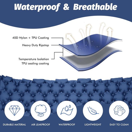 Isolerende campingmat opblaasbaar luchtbed voor 2 personen 195 x 125 x 10 cm ultralichte slaapmat met luchtpomp kussen en voetpers voor camping backpacking wandelen reizen van Merkloos — afbeelding 3