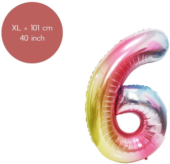 Fienosa Regenboog kleuren Cijfer 6 Ballon 101 CM - Nummer en getal - Leeftijd 6 - XL Groot - Helium Ballon- Verjaardag Ballon - Verjaardag versiering - Verjaardag Decoratie - Leeftijd verjaardag - Verjaardagsballon - Verjaardag