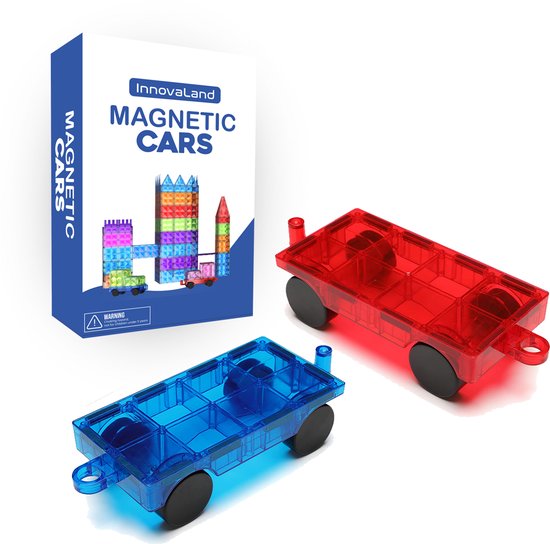 Innovaland - Magnetic Tiles - Uitbreidingsset - 2 Auto’s - Rood & Blauw - Magnetisch Speelgoed - Montessori Speelgoed - Voor Magnetische Tegels - Bouwspeelgoed - Constructie Speelgoed - Toys