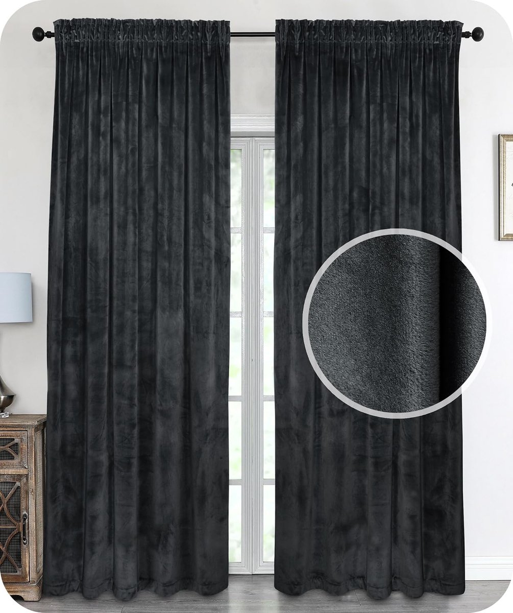 Unyqoos ® Luxueus Verduisterend Fluwelen Gordijn Met Plooiband - Donkergrijs 140 x 245 cm Zwart