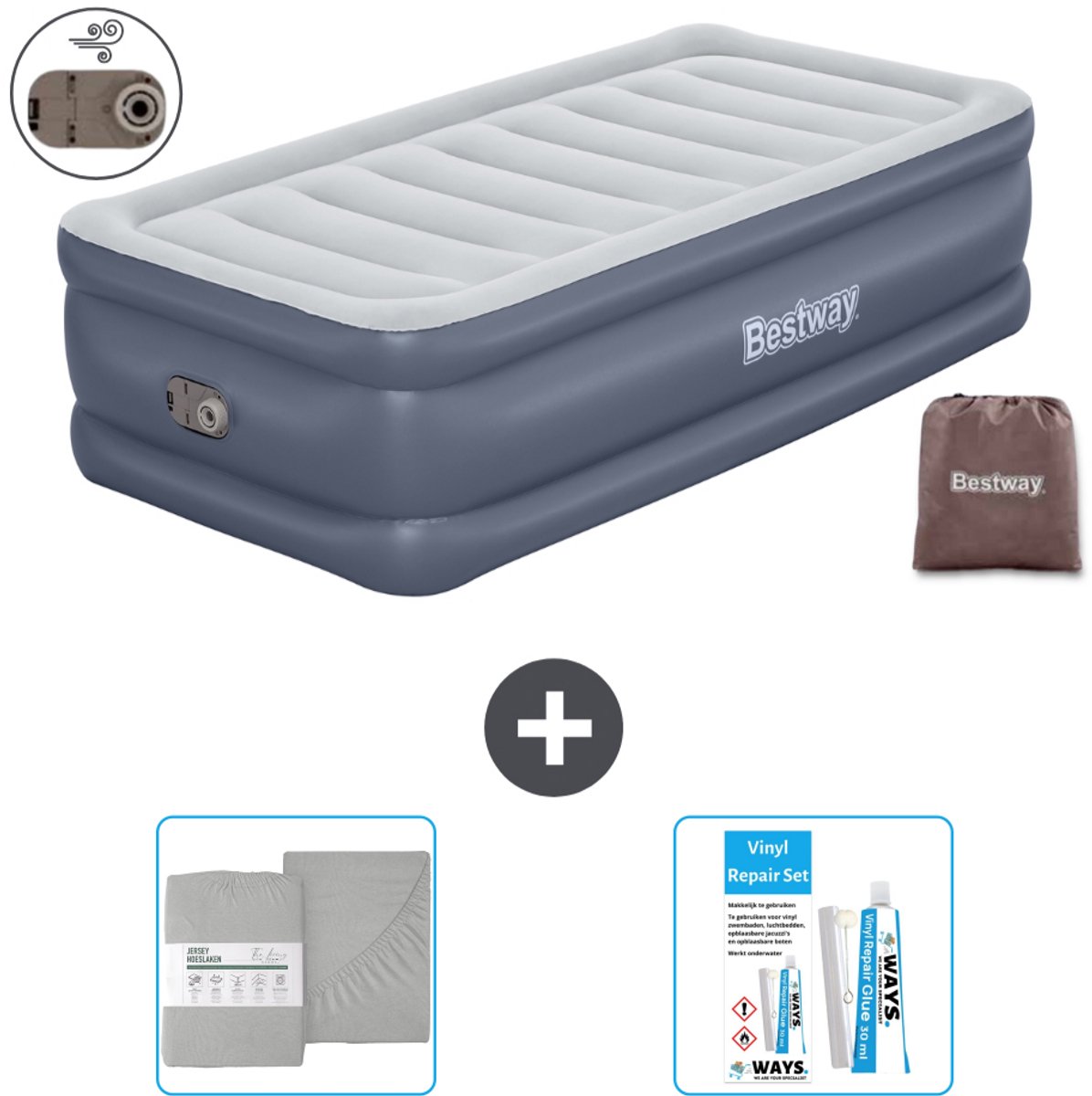 Bestway luchtbed - 1-Persoons - 97 x 191 x 51 cm - Grijs - Inclusief pomp - Hoeslaken en Reparatieset