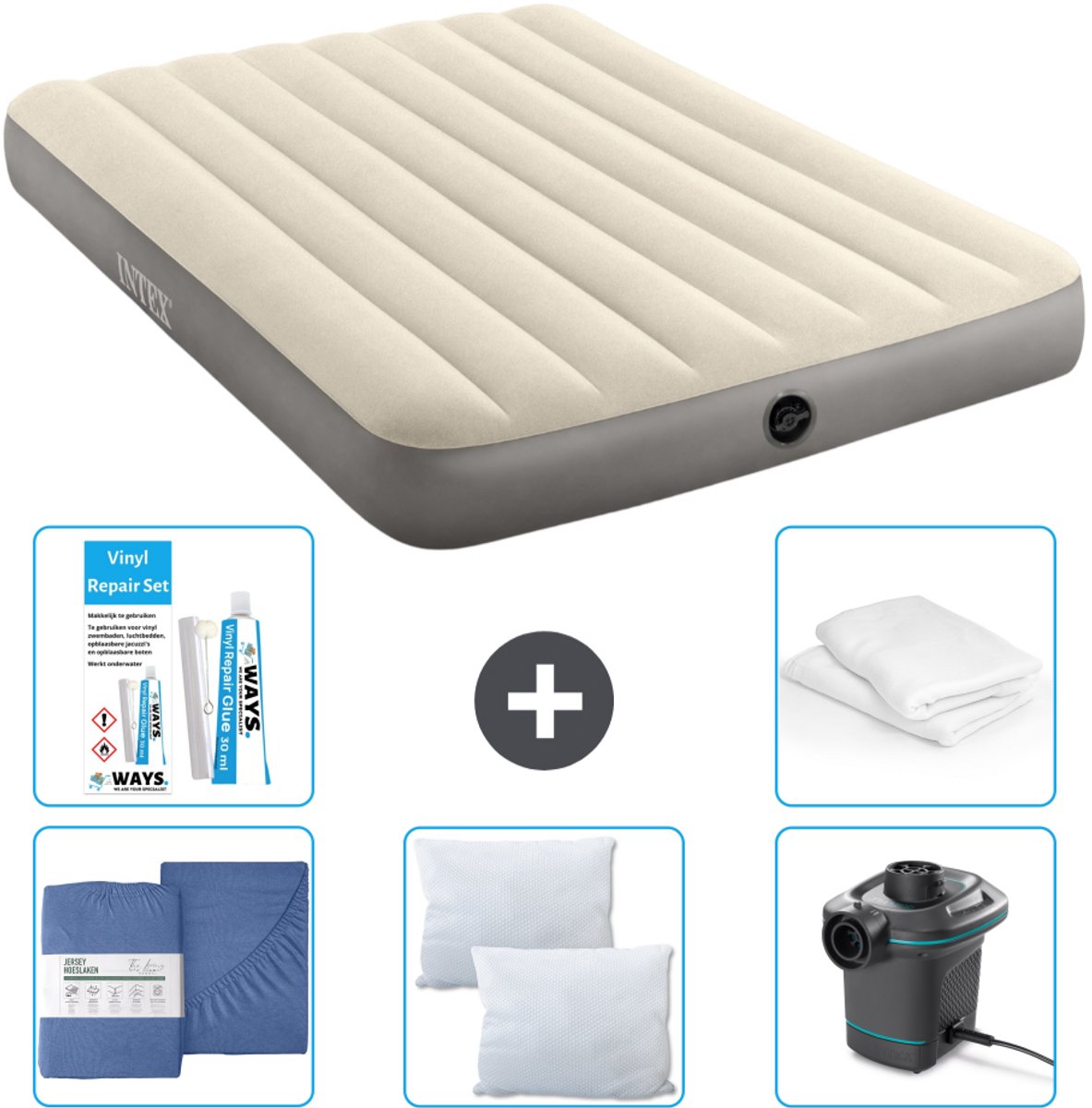 Intex Luchtbed - Twijfelaar - 137 x 191 x 25 cm - Beige - Inclusief Hoeslaken - Kussen - Pomp - Reparatieset en Kussenbeschermer