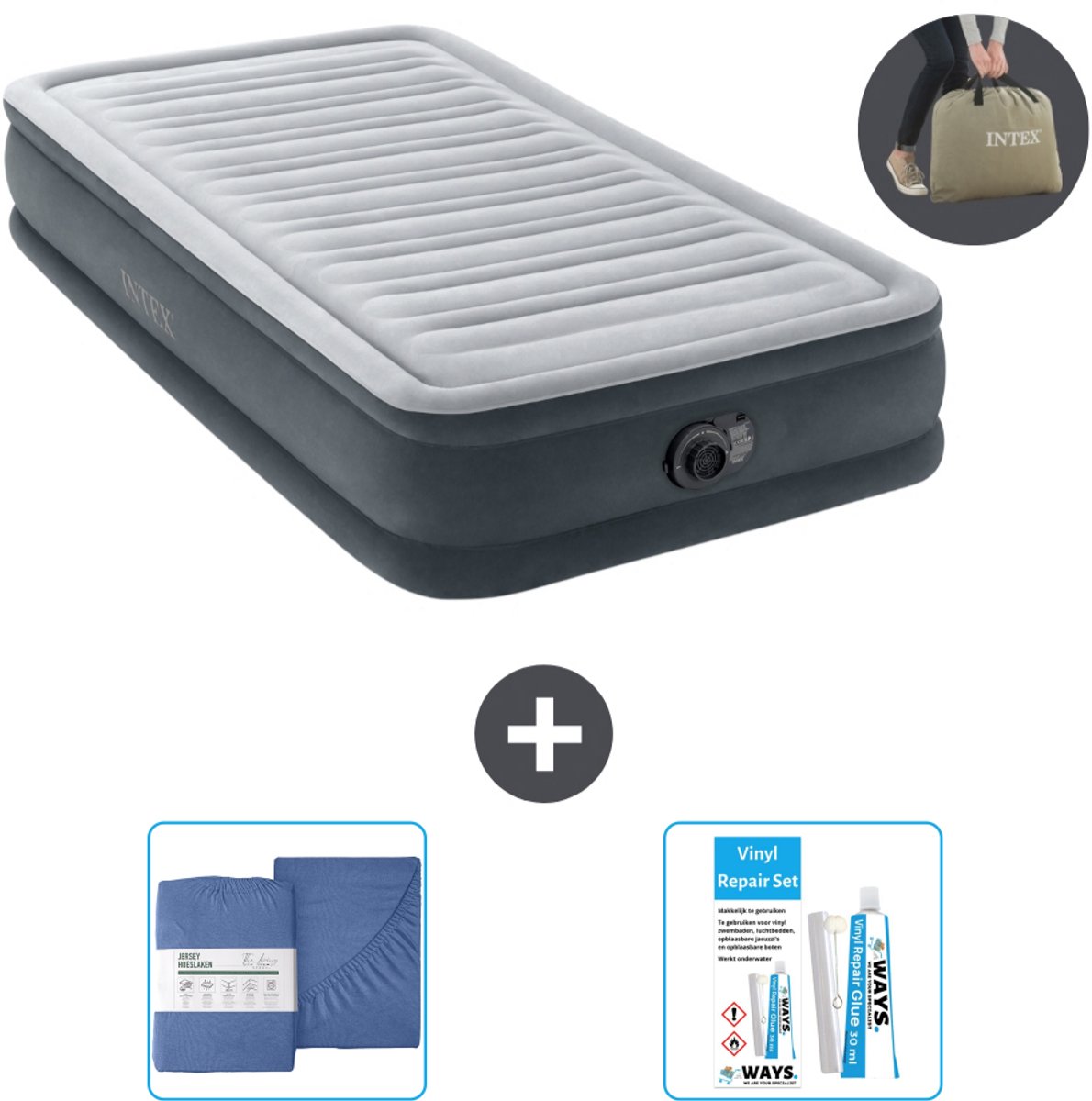 Intex Luchtbed - 1 Persoons - 99 x 191 x 33 cm - Grijs - Inclusief pomp - Hoeslaken en Reparatieset