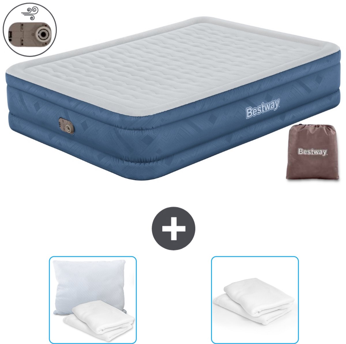 Bestway luchtbed - 2-Persoons - 152 x 203 x 46 cm - Grijs - Inclusief pomp - Kussen en Kussenbeschermer