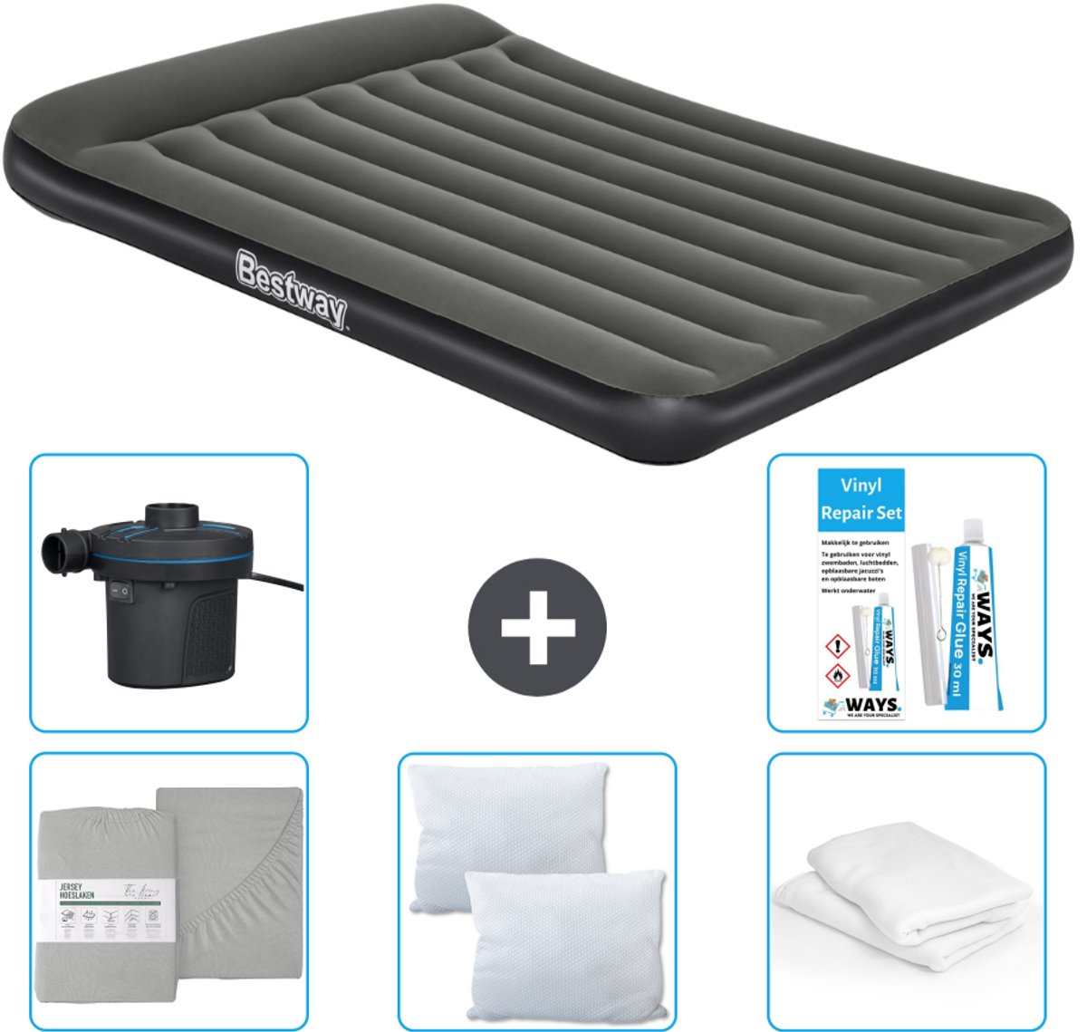 Bestway luchtbed - 2-Persoons - 152 x 203 x 30 cm - Groen - Inclusief Hoeslaken - Kussen - Kussenbeschermer - Pomp en Reparatieset