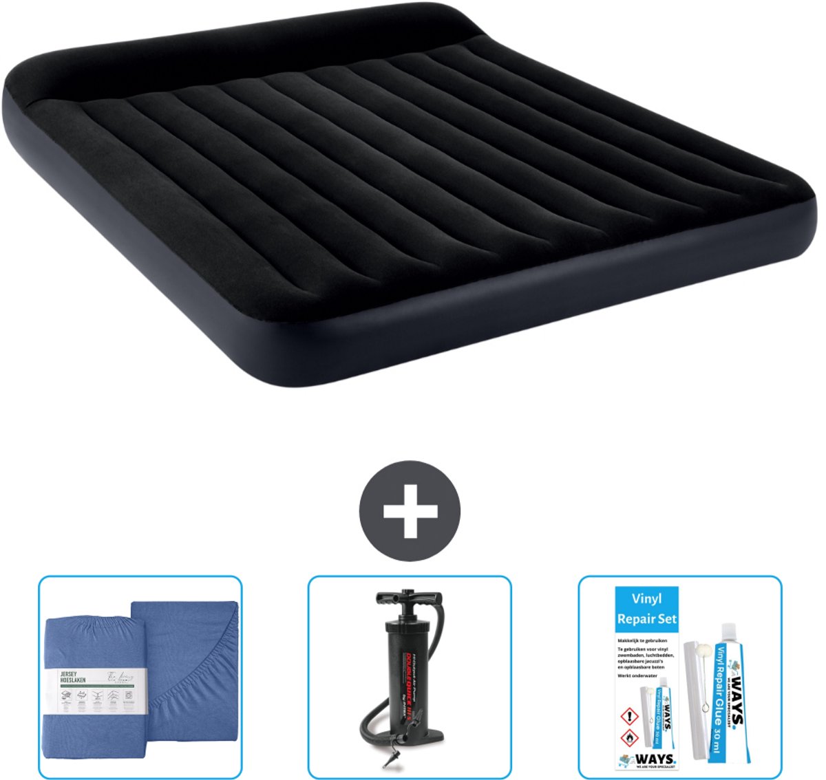Intex Luchtbed - 2-Persoons - 183 x 203 x 25 cm - Donkerblauw - Inclusief Hoeslaken - Pomp en Reparatieset