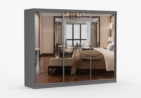 Armoire MILKO 250 cm - Armoire 3 portes coulissantes avec miroir, 3 tiroirs et tringle à vêtements - Armoire avec grand espace de rangement - Armoire moderne pour chambre et couloir (Grijs)