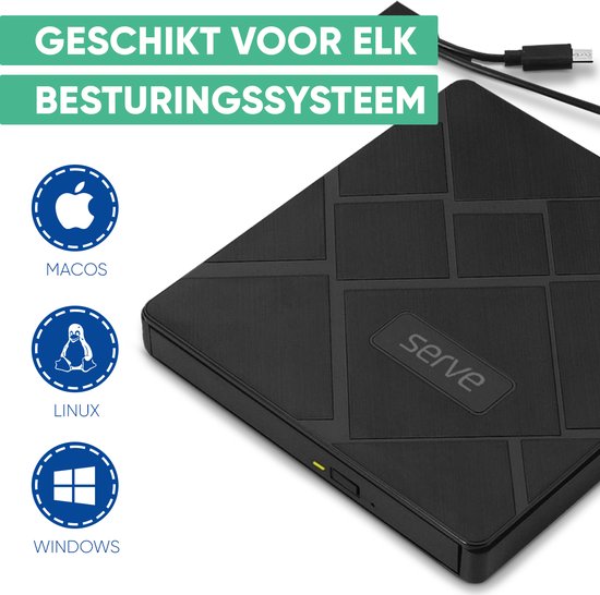 Zwarte Serve CD/DVD-speler met gestreept patroon. Iconen voor MacOS, Linux en Windows.