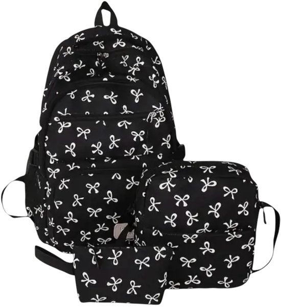 Foto: Twenty two 3 delige schooltassen set schoolrugzak etui lunchtas voor meisjes tieners kinderen zwart wit strikjes waterdicht grote capaciteit 7 vakken meiden tassen set 3 stuks brugklas school schooltassen set 43x16x30cm