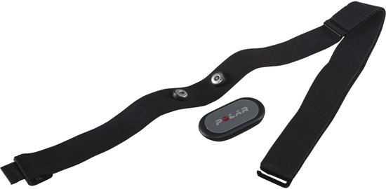 Zwarte Polar hartslagsensor met losse, grijze module met witte opdruk "POLAR" en rode stip.