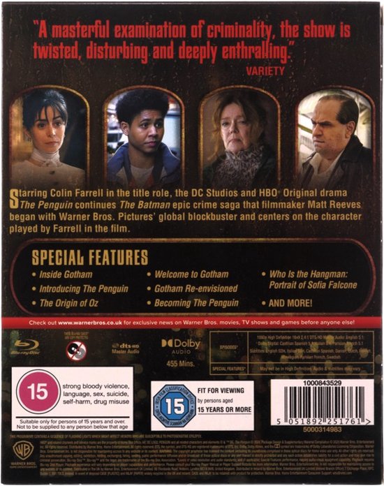 Achterkant Blu-ray hoes met vier acteurs, tekst over 'The Penguin' en speciale kenmerken, en leeftijdsclassificatie 15.