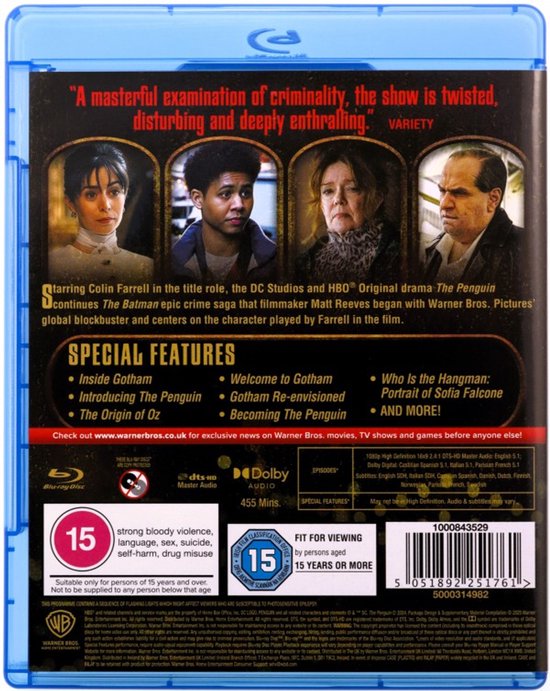 Achterkant Blu-ray hoes met vier acteurs, tekst over 'The Penguin' en speciale kenmerken, en leeftijdsclassificatie 15.