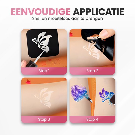 Guide étape par étape pour appliquer un tatouage pailleté : appliquer le pochoir, appliquer la colle, appliquer les paillettes et retirer le pochoir.