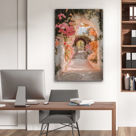 MuchoWow® Peinture sur verre 80x120 cm - Peinture sur verre acrylique - Vue à travers - Arche - Fleurs - Pastel - Photo sur verre - Décoration murale salon - Décoration murale chambre - Peintures