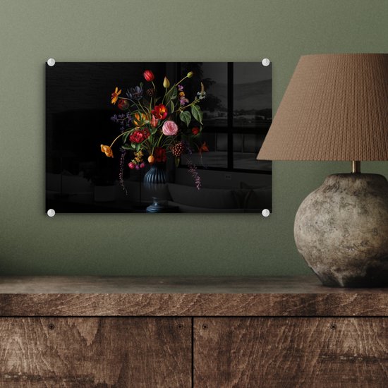 MuchoWow® Glasschilderij 30x20 cm - Schilderij acrylglas - Bloemen - Bessen - Klassiek - Foto op glas - Muurdecoratie woonkamer - Wanddecoratie slaapkamer - Schilderijen